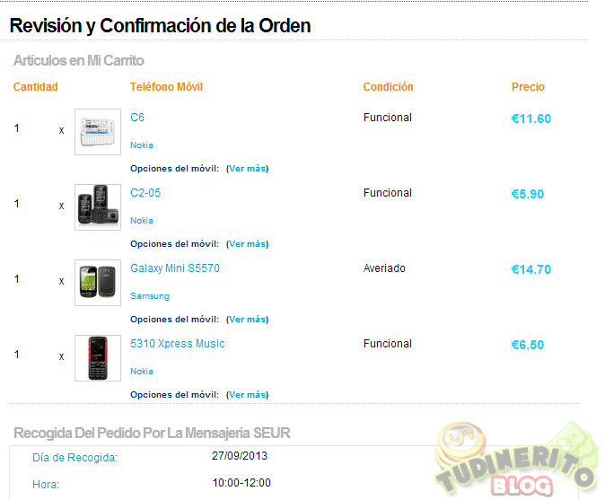 Orden del pedido en Top Dollar Mobile