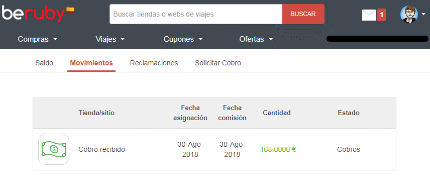 Último movimiento en mi cuenta de Beruby: Un cobro de 168€ Movimientos