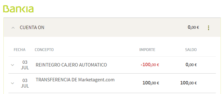 Transferencia y reintegro en un cajero (los dos movimientos que he hecho hoy) Movimientos