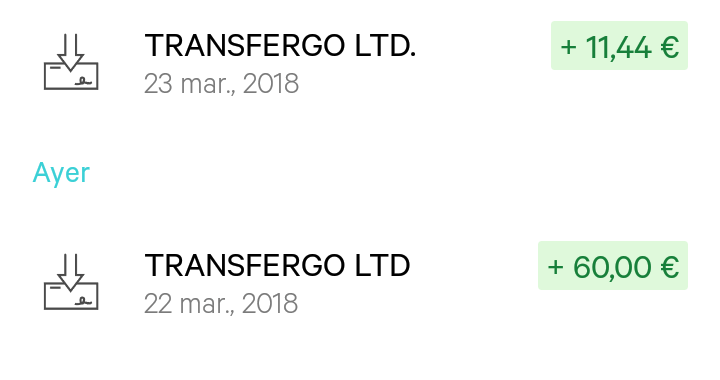 Los dos movimientos en mi cuenta de N26 Movimientos