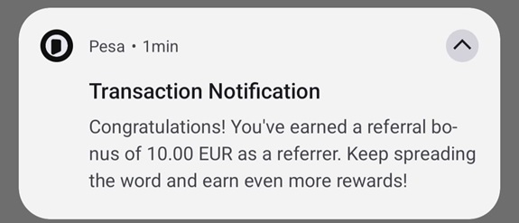 Notificación de 10€ por un referido