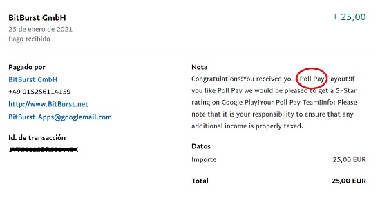 Prueba de pago de los 25€ ganados en Poll Pay 25€