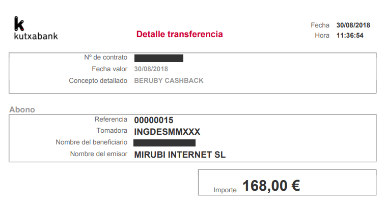 Pago Beruby: 125€ por transferencia bancaria pago beruby
