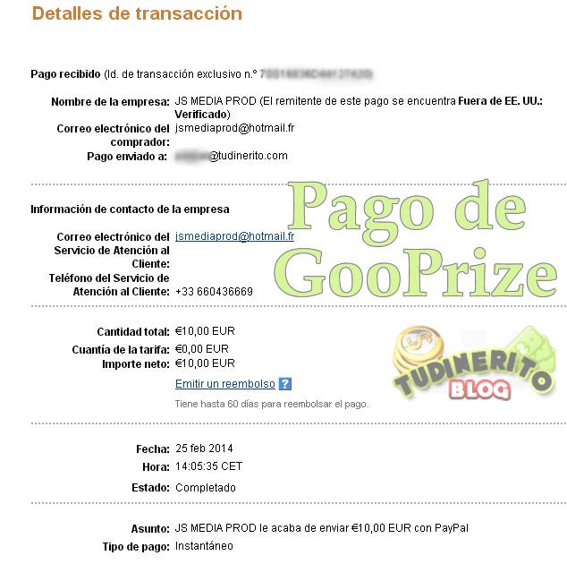 Comprobante del pago de PayPal pago-gooprize