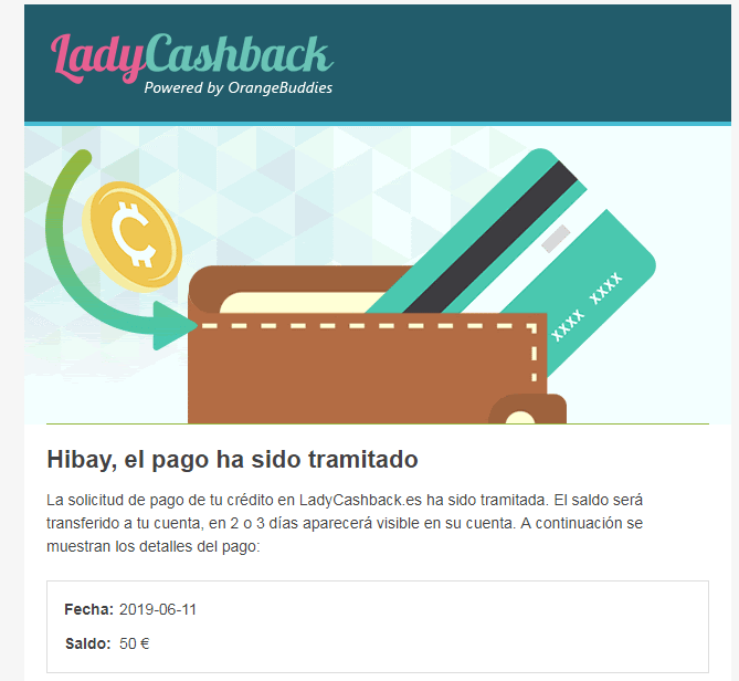 He ganado 50€ en ladycashback pago ladycashback