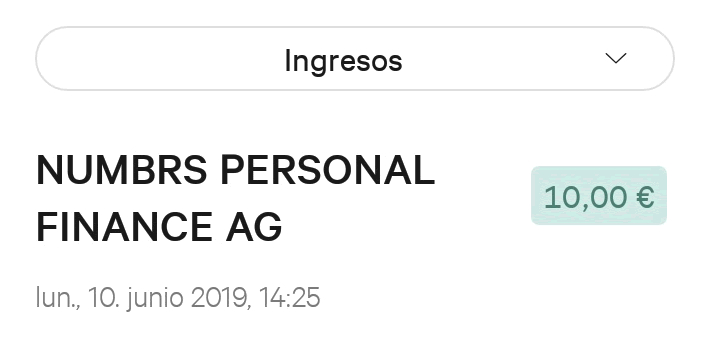 Aquí los 10€ cobrados en mi cuenta de N26 pago numbrs