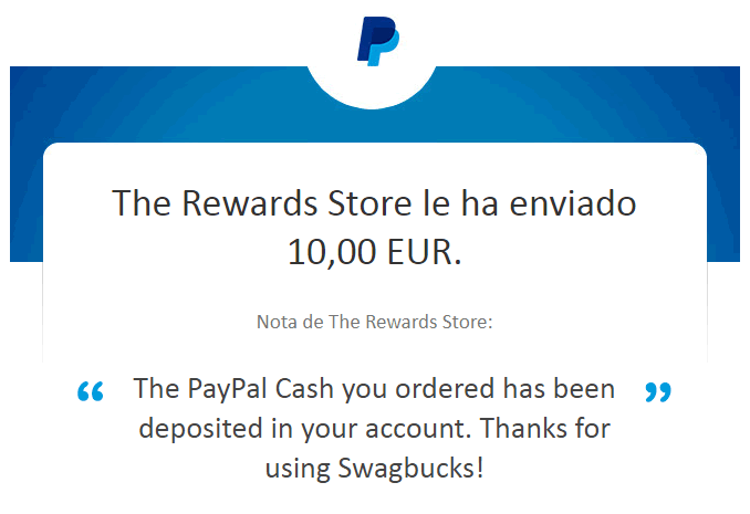 Imagen de los 10€ cobrados a través de paypal en Swagbucks pago paypal
