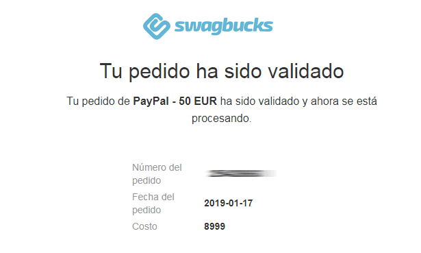 Pedido de 50€ validado por SwagBucks pedido validado