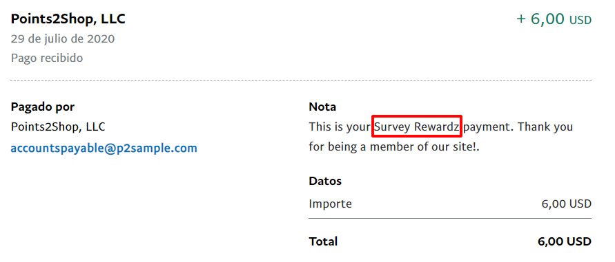 Prueba de pago de los 6$ ganados en SurveyRewardz 6$