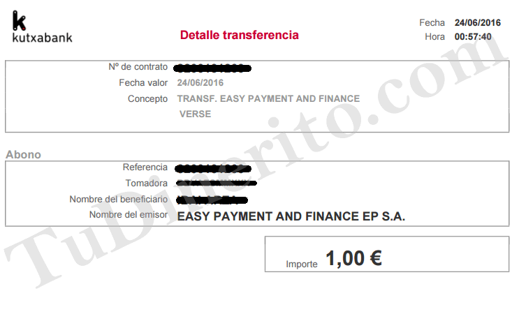 Extracto bancario del pago recibido de VERSE pago-verse