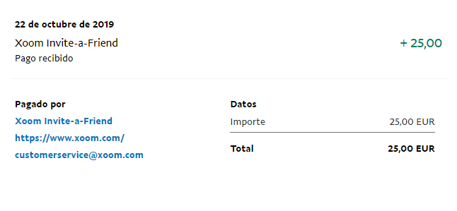 Prueba de pago de Xoom pago