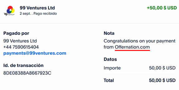 Pago de 50$ de 99 Ventures Ltd