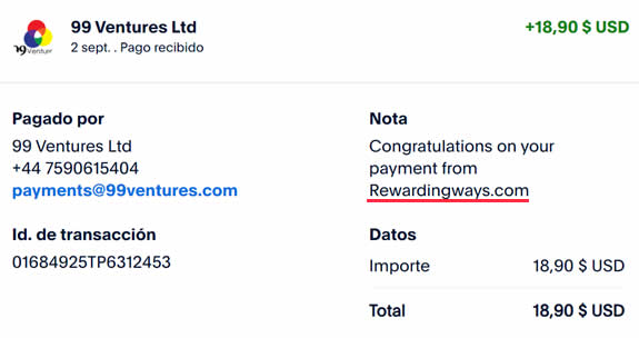 Pago de 18,90$ de 99 Ventures Ltd