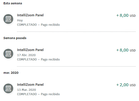 Últimos pagos IntelliZoom Pagos