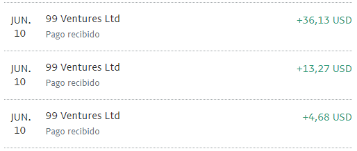 Los 3 pagos recibidos por parte de 99 Venture Ltd 3 pagos