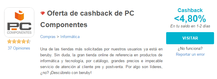 Beruby te da 4,80% de la compra en PC Componentes pccomponentes