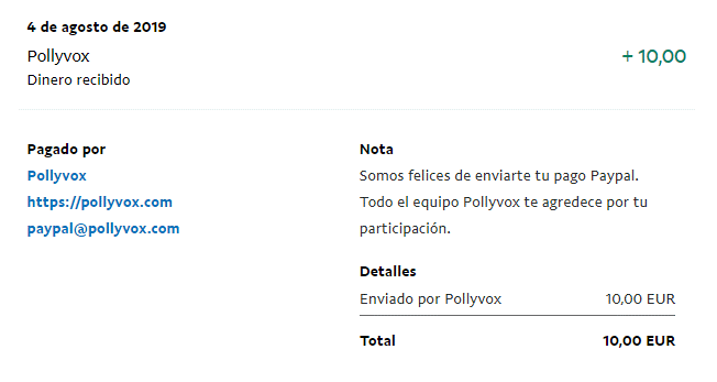 Pago recibido en agosto del 2019 por parte de PollyVox PollyVox pago agosto