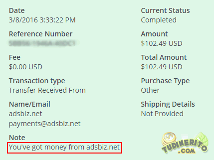 Comprobante de pago de Adsbiz premio-adsbiz