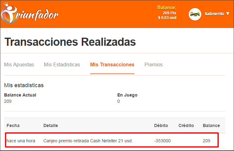 Transacciones realizadas premio-recibido