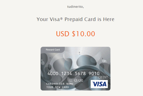 El mensaje que me llegó con la tarjeta virtual de 10$ ganada en GiftPanda prepaid