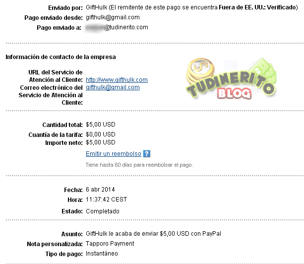 Detalles del pago de TappOro primer-cobro-tapporo
