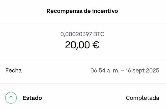 Recompensa de 20€ en BTC recibida