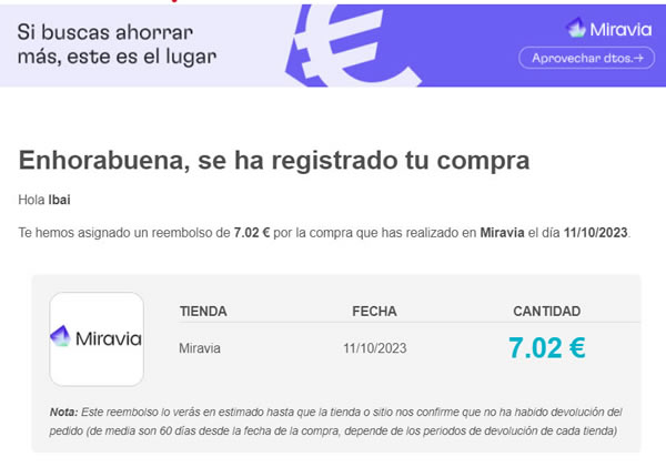 Reembolso ganando por una compra en Miravia