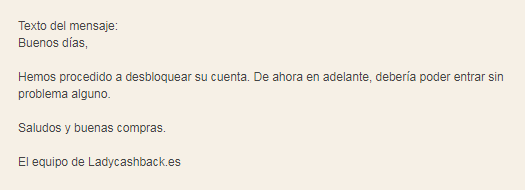 Respuesta de LadyCashback respuesta