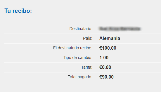 Resumen del recibo: Pagamos 90€ y recibimos 100€ resumen