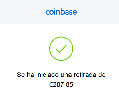 Mensaje de coinbase donde me informan de la retirada de euros retirada banco