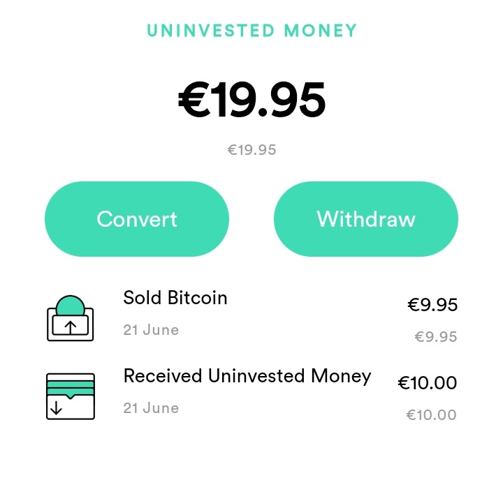 Mis dos movimientos (ingresar 10€ y recibir otros diez en forma de bitcoin) historial
