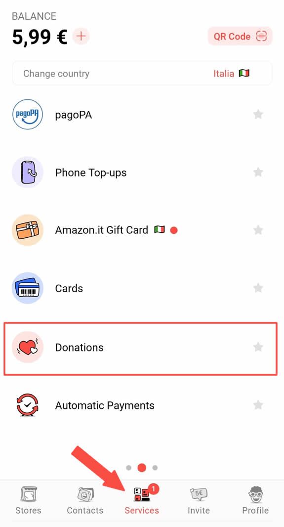 Menú services en Satispay
