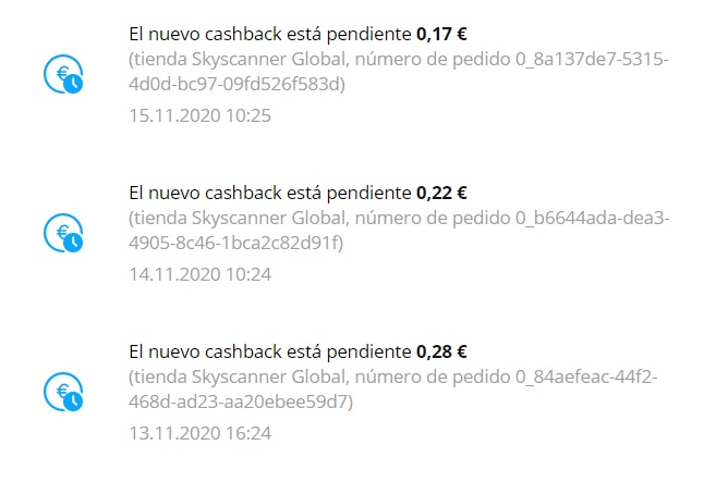 Historial de las búsquedas y ganancias notificaciones