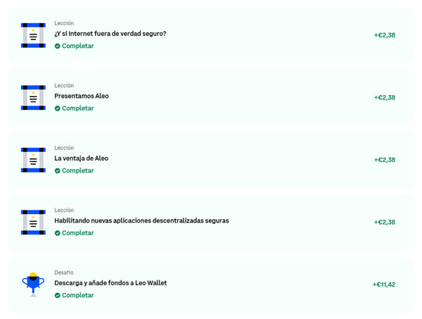 Algunas de las tareas de Aleo completadas en Coinbase