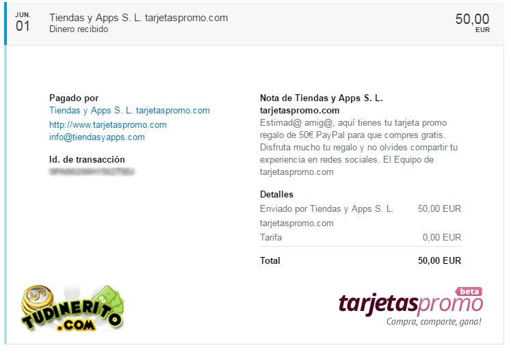 Comprobante de los 50 euros ganados en Tarjetasregalo tarjetaregalo-paypal