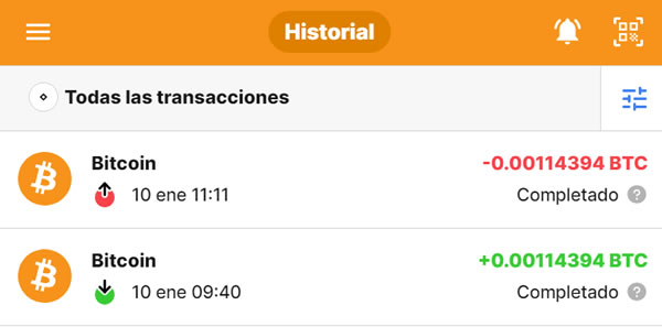 Las dos transacciones en NC Wallet