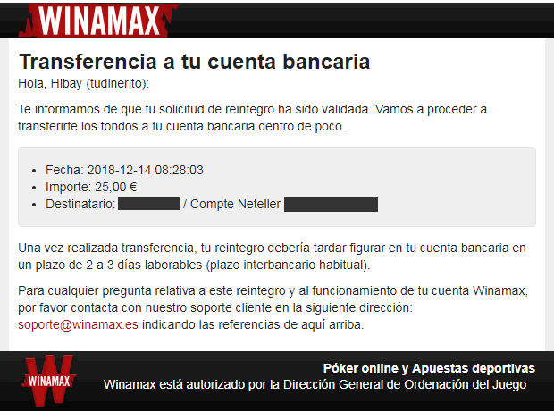 Mensaje de Winamax indicando que la transferencia se ha realizado a mi cuenta de Neteller Mensaje