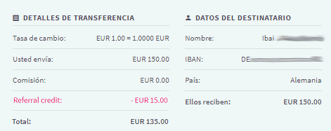 Detalles de la transferencia. Fijarse bien si aplican el descuento de 15€. detalles