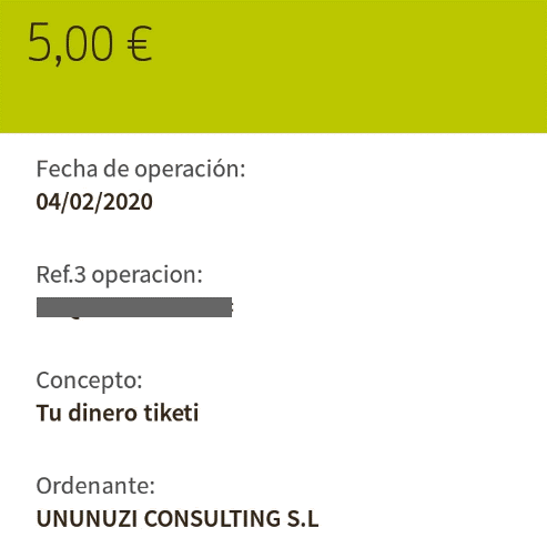 Extracto bancario de la transferencia de los 5€ transferencia