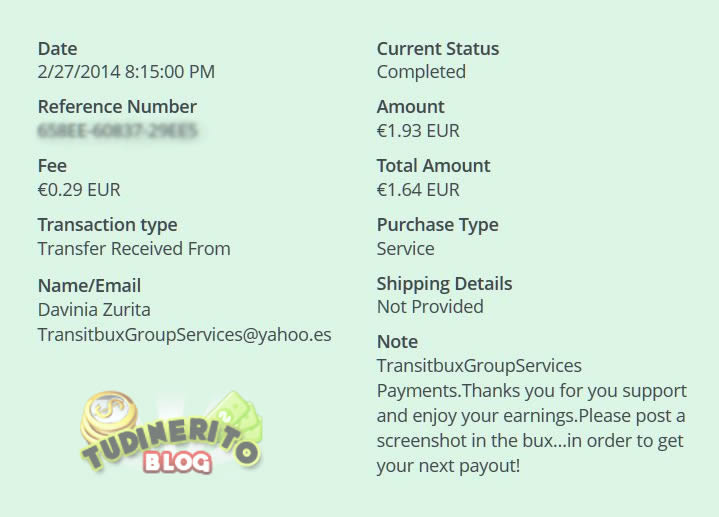 Comprobante de un pago de Transitbux transitbux-pago