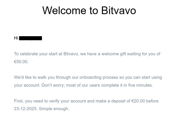 Mensaje de bienvenida a Bitvavo con los 50€ de recompensa en BTC