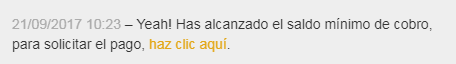 Mensaje de SocialPubli informando que ya he superado el mínimo yeah