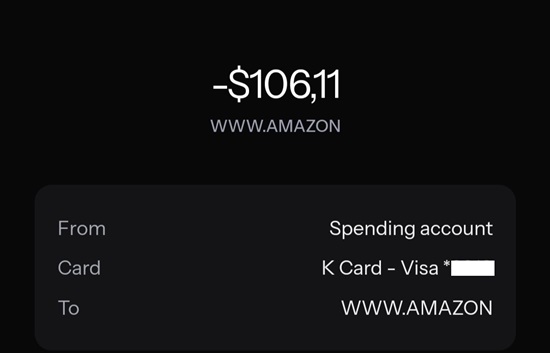 Detalles de la compra de Amazon con la tarjeta de Kast
