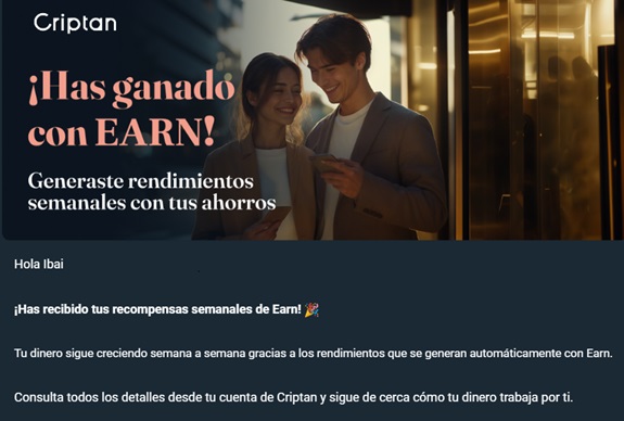 Cada viernes me llega este mensaje de Criptan Earn