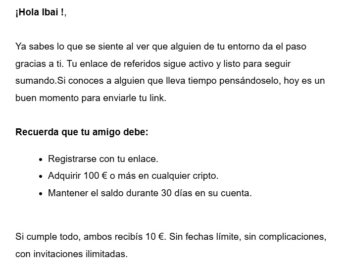 Mensaje de Bit2me anim&aacute;ndome a invitar amigos
