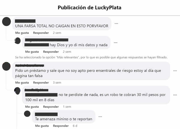 Opiniones en facebook sobre Lucky Plata