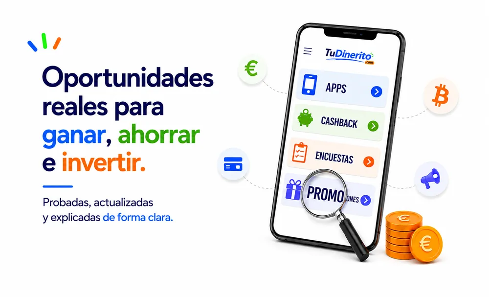 Ilustración de TuDinerito con un móvil que muestra apps, cashback, encuestas y promociones para ganar, ahorrar e invertir dinero.