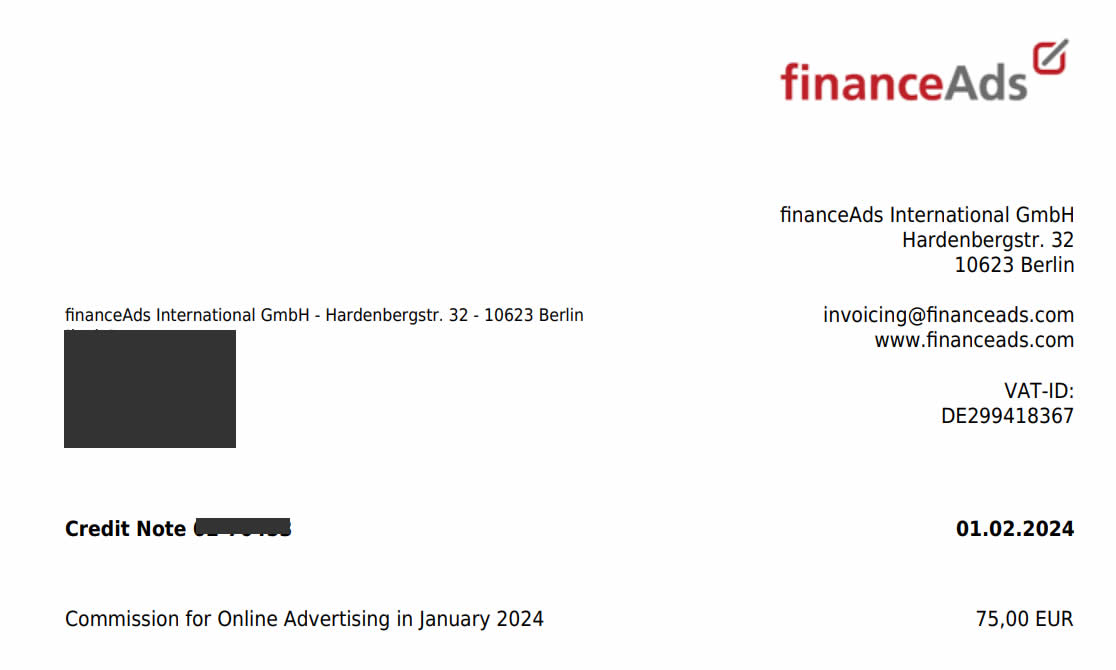 Comprobante de pago de FinanceAds