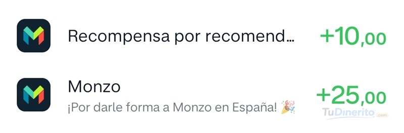 Mi recompensa de 35€ en Monzo