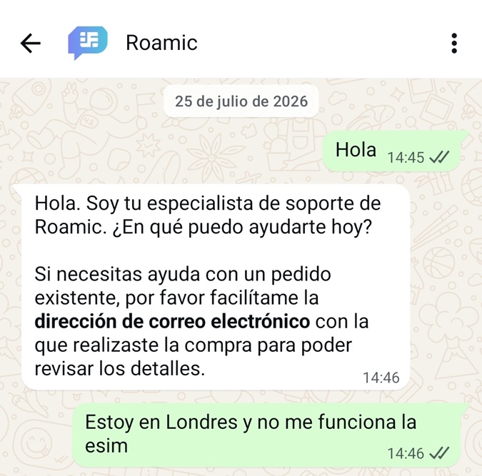 Conversación por Whatsapp con Roamic